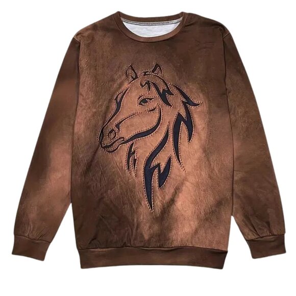 Women's Rustic Western Horse Brown Long Sleeve Crewneck Lightweight Sweater - Picture 2 of 6